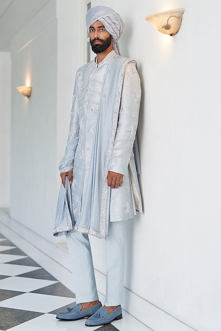 Ice Blue Raw Silk Dabka Embroidered Groom Sherwani Set by Contrast By Parth at Pernia's Pop Up Shop