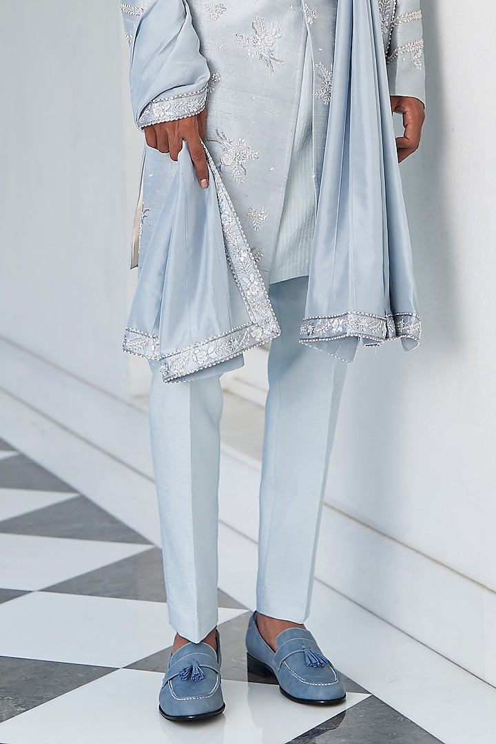 Ice Blue Raw Silk Dabka Embroidered Groom Sherwani Set by Contrast By Parth at Pernia's Pop Up Shop