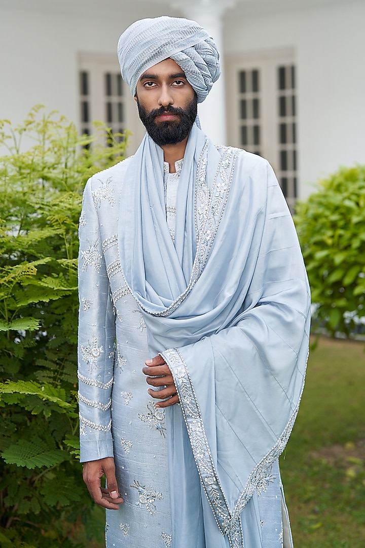 Ice Blue Raw Silk Dabka Embroidered Groom Sherwani Set by Contrast By Parth at Pernia's Pop Up Shop