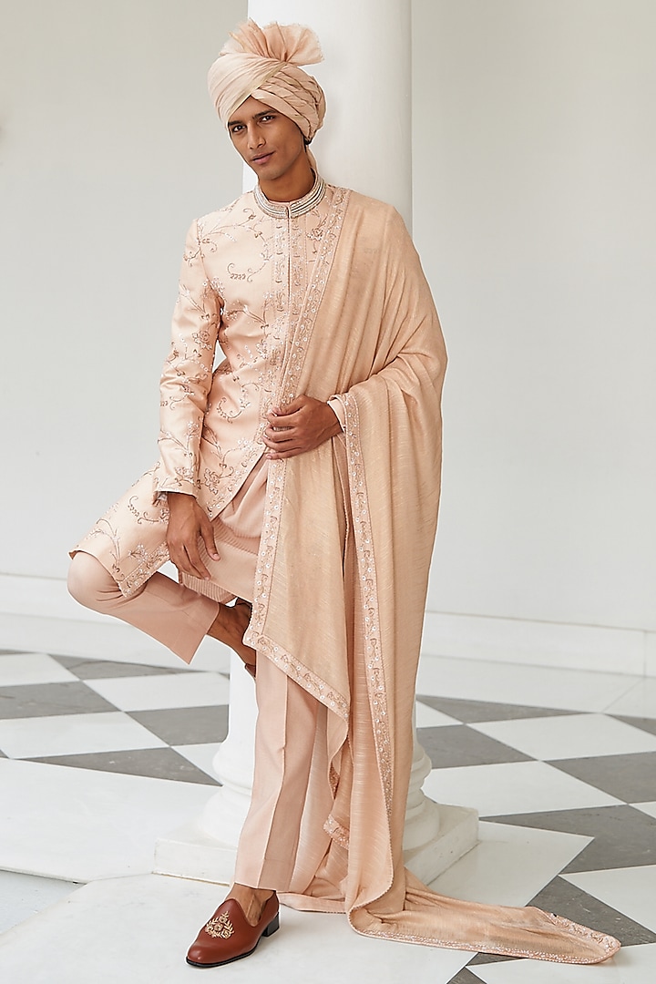 Light Peach Embroidered Sherwani Set by Contrast By Parth