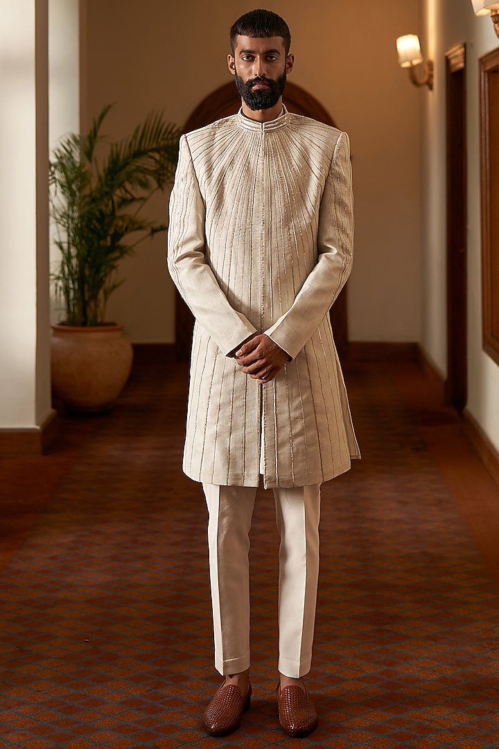 Ivory Embroidered Sherwani Set by Contrast By Parth