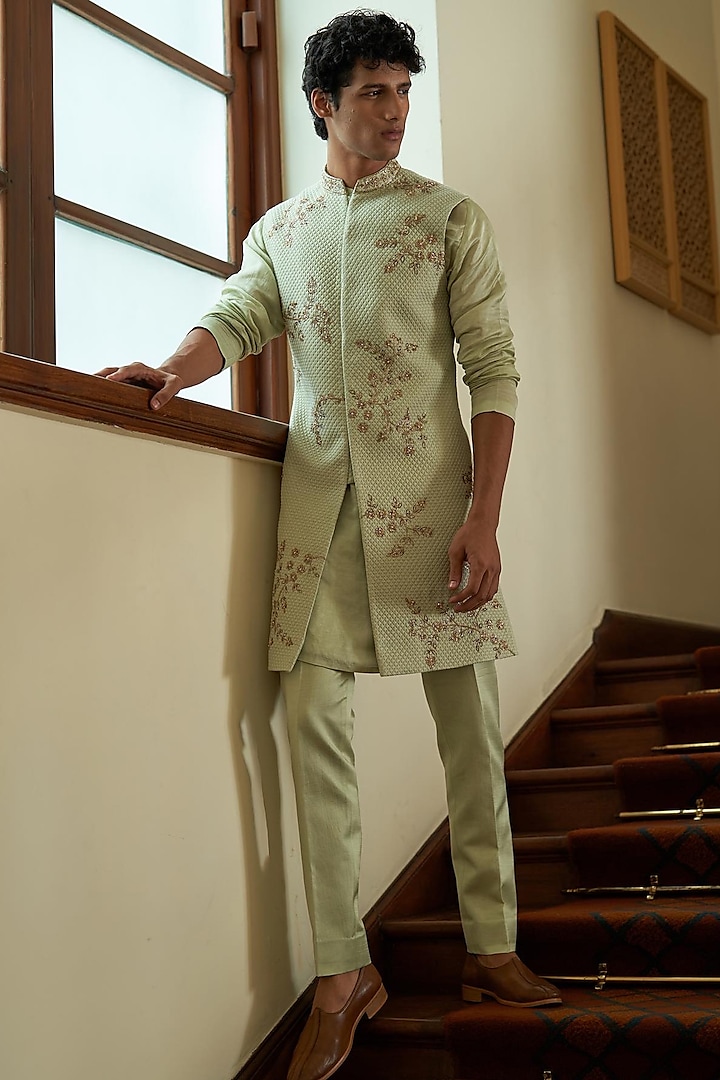 Sage Green Embroidered Sherwani Set by Contrast By Parth