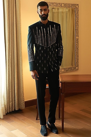 Black Suede Velvet Embroidered Bandhgala Set by Contrast By Parth