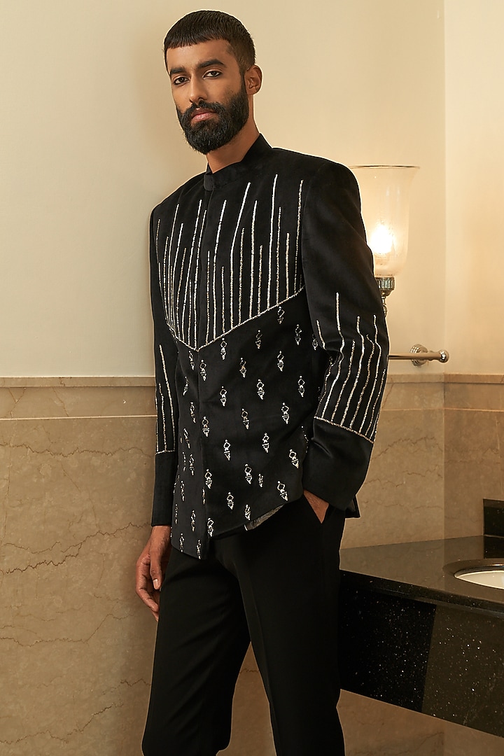 Black Suede Velvet Embroidered Wedding Bandhgala Set by Contrast By Parth at Pernia's Pop Up Shop