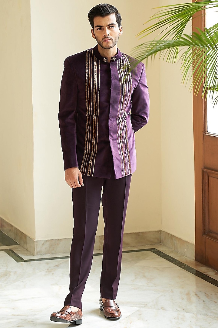 Violet Embroidered Bandhgala Set by Contrast By Parth