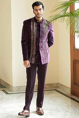 Violet Suede Velvet Embroidered Bandhgala Set by Contrast By Parth