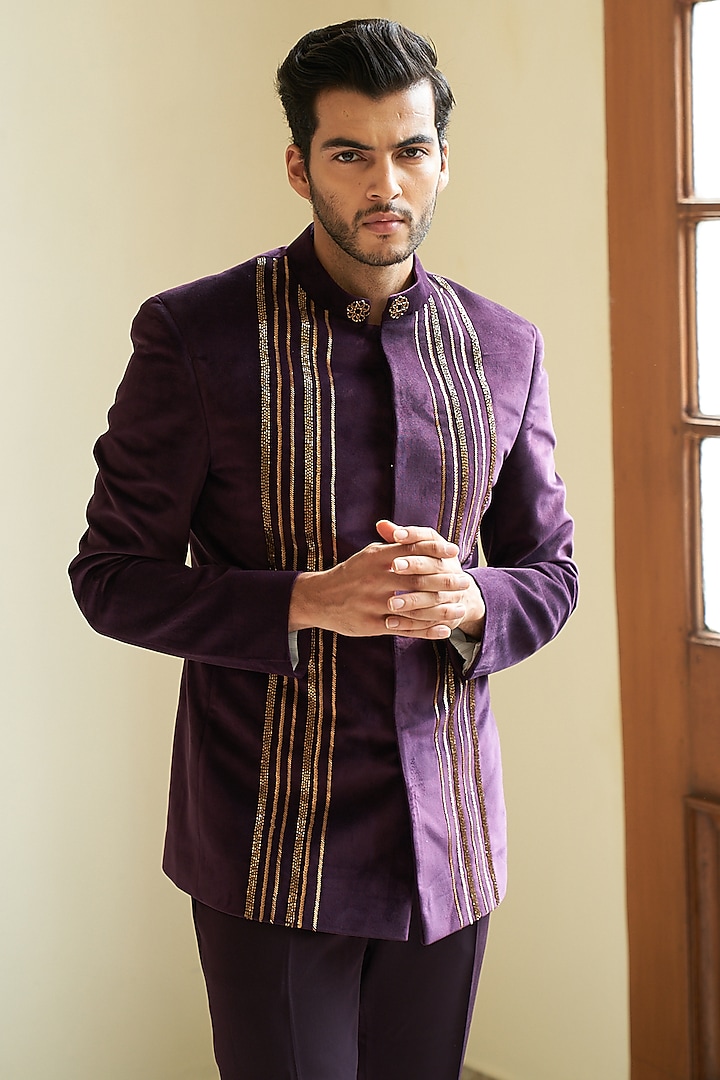 Violet Suede Velvet Embroidered Wedding Bandhgala Set by Contrast By Parth at Pernia's Pop Up Shop