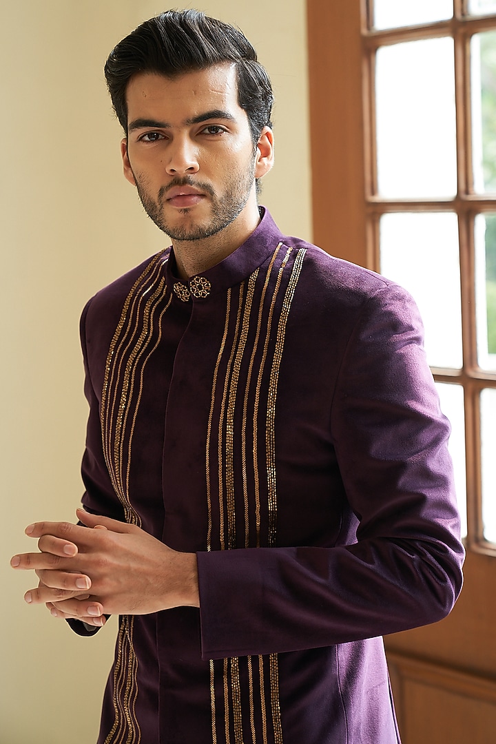 Violet Suede Velvet Embroidered Wedding Bandhgala Set by Contrast By Parth at Pernia's Pop Up Shop