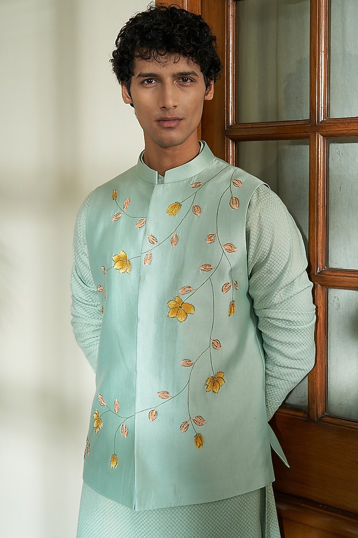 Light Green Pure Silk Hand Painted Nehru Jacket Set by Contrast By Parth at Pernia's Pop Up Shop