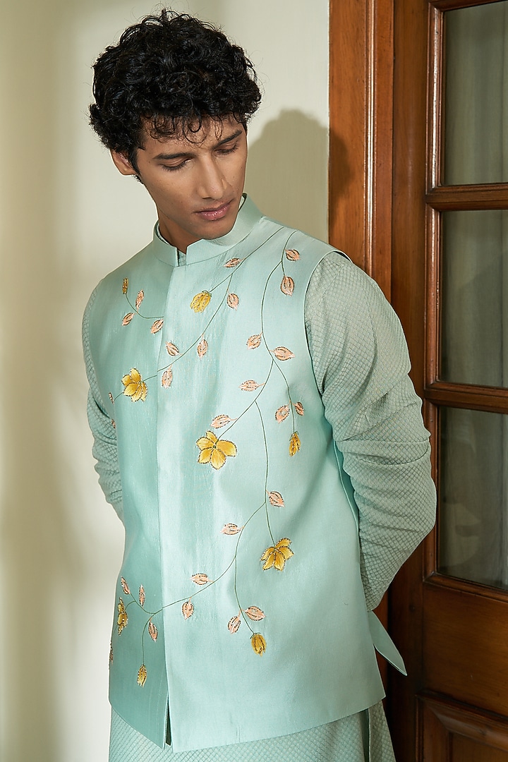 Light Green Pure Silk Hand Painted Nehru Jacket Set by Contrast By Parth at Pernia's Pop Up Shop