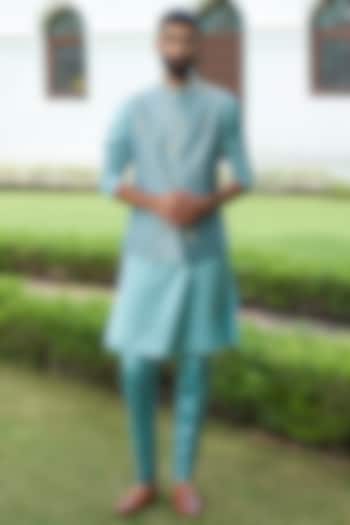 Aqua Embroidered Nehru Jacket With Kurta Set by Contrast By Parth