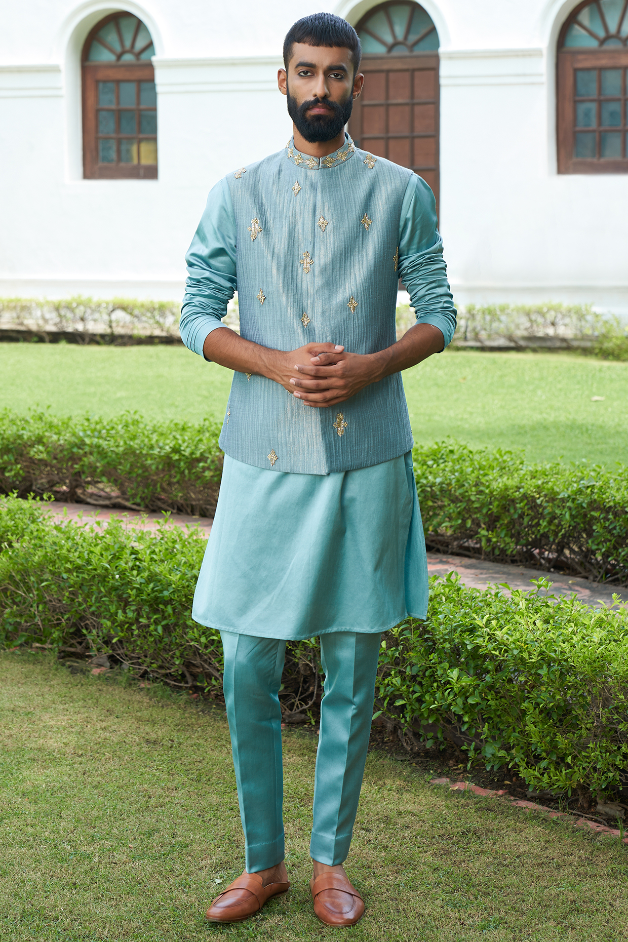 Aqua Embroidered Nehru Jacket With Kurta Set by Contrast By Parth