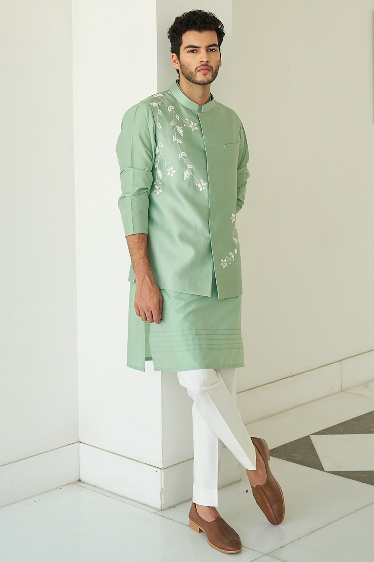 Buy KISAH PLUS Green Woven Nehru Jacket online