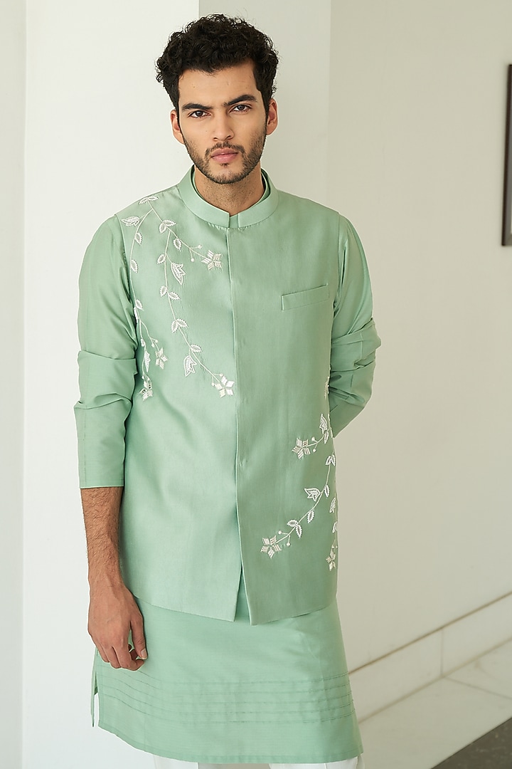 Green Pure Silk Pearl & Mirror Embroidered Nehru Jacket Set by Contrast By Parth at Pernia's Pop Up Shop