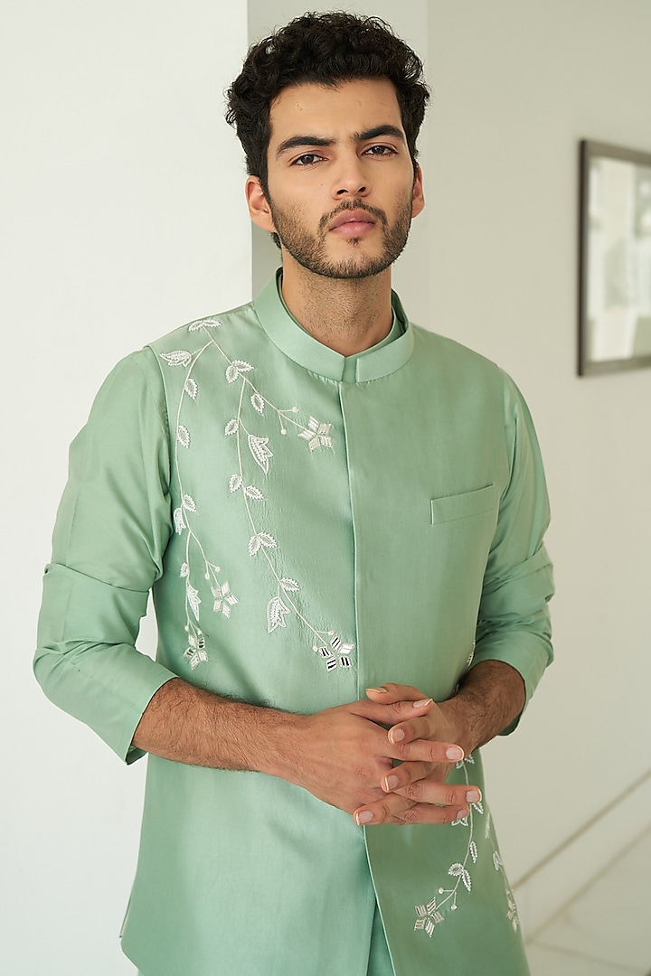 Green Pure Silk Pearl & Mirror Embroidered Nehru Jacket Set by Contrast By Parth at Pernia's Pop Up Shop