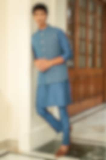 Blue Embroidered Nehru Jacket With Kurta Set by Contrast By Parth