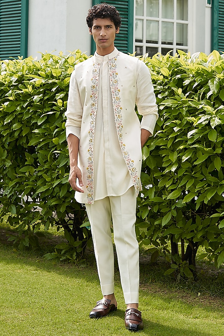 Off-White Embroidered Jacket Set by Contrast By Parth