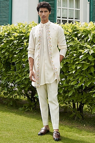 Off-White Pure Silk Floral Embroidered Jacket Set by Contrast By Parth
