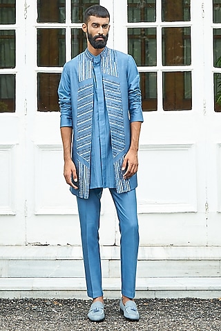 Blue Spun Chanderi Silk Embroidered Jacket Set by Contrast By Parth