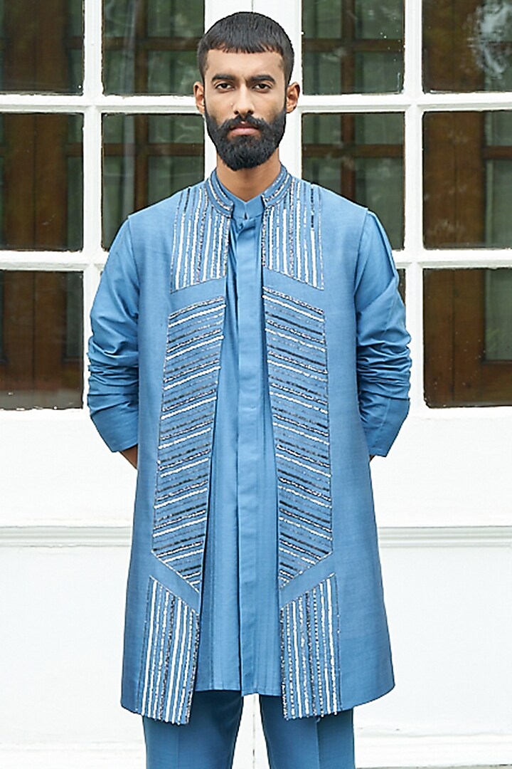 Blue Spun Chanderi Silk Embroidered Jacket Set by Contrast By Parth at Pernia's Pop Up Shop