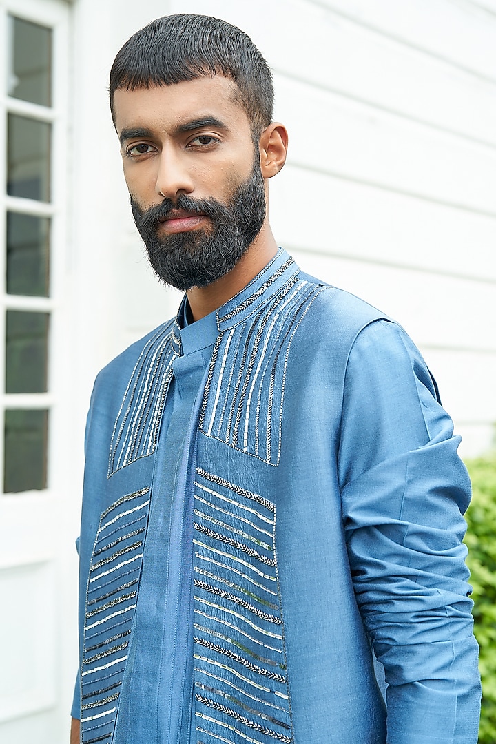 Blue Spun Chanderi Silk Embroidered Jacket Set by Contrast By Parth at Pernia's Pop Up Shop