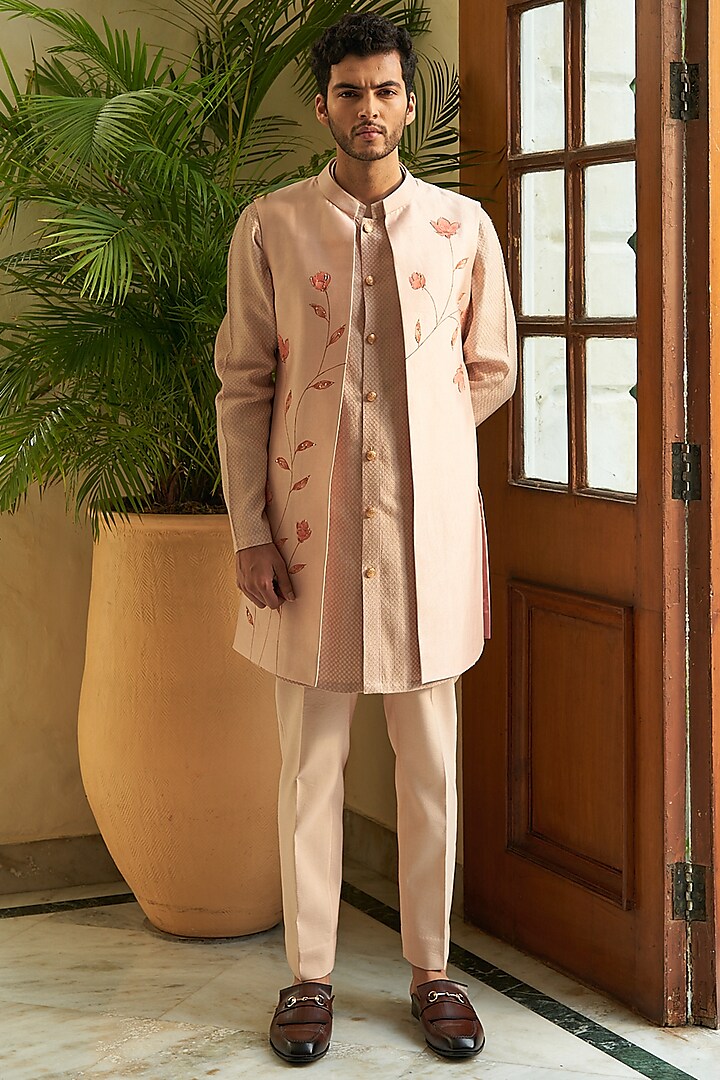 Peach Hand-Painted Jacket Set by Contrast By Parth