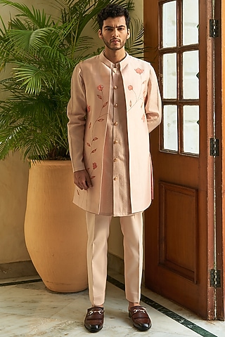 Peach Pure Silk Hand-Painted Jacket Set by Contrast By Parth