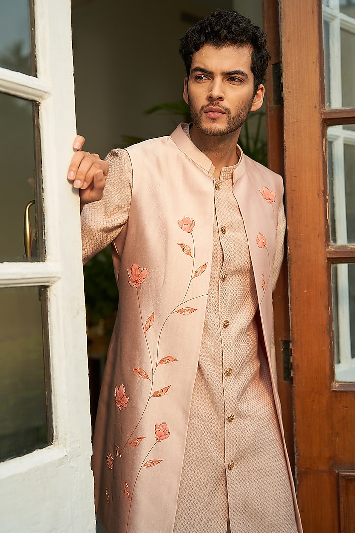 Peach Pure Silk Hand-Painted Jacket Set by Contrast By Parth at Pernia's Pop Up Shop