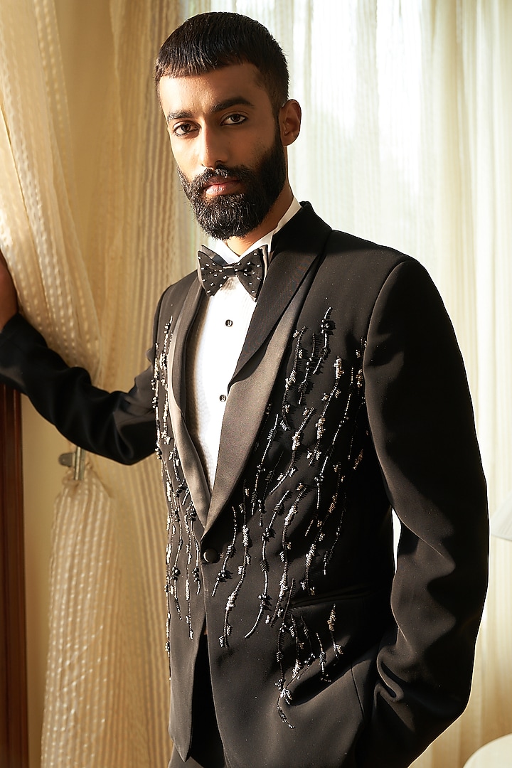 Black Italian Suiting Embroidered Tuxedo Set by Contrast By Parth at Pernia's Pop Up Shop