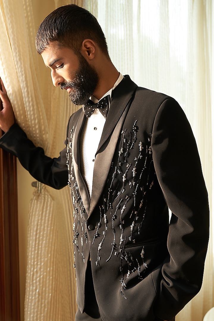 Black Italian Suiting Embroidered Tuxedo Set by Contrast By Parth at Pernia's Pop Up Shop