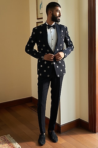 Dark Blue Italian Suiting Embroidered Tuxedo Set by Contrast By Parth