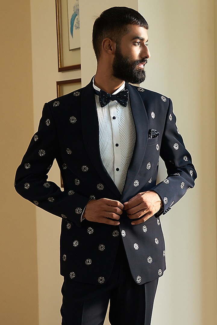 Dark Blue Italian Suiting Embroidered Tuxedo Set by Contrast By Parth at Pernia's Pop Up Shop