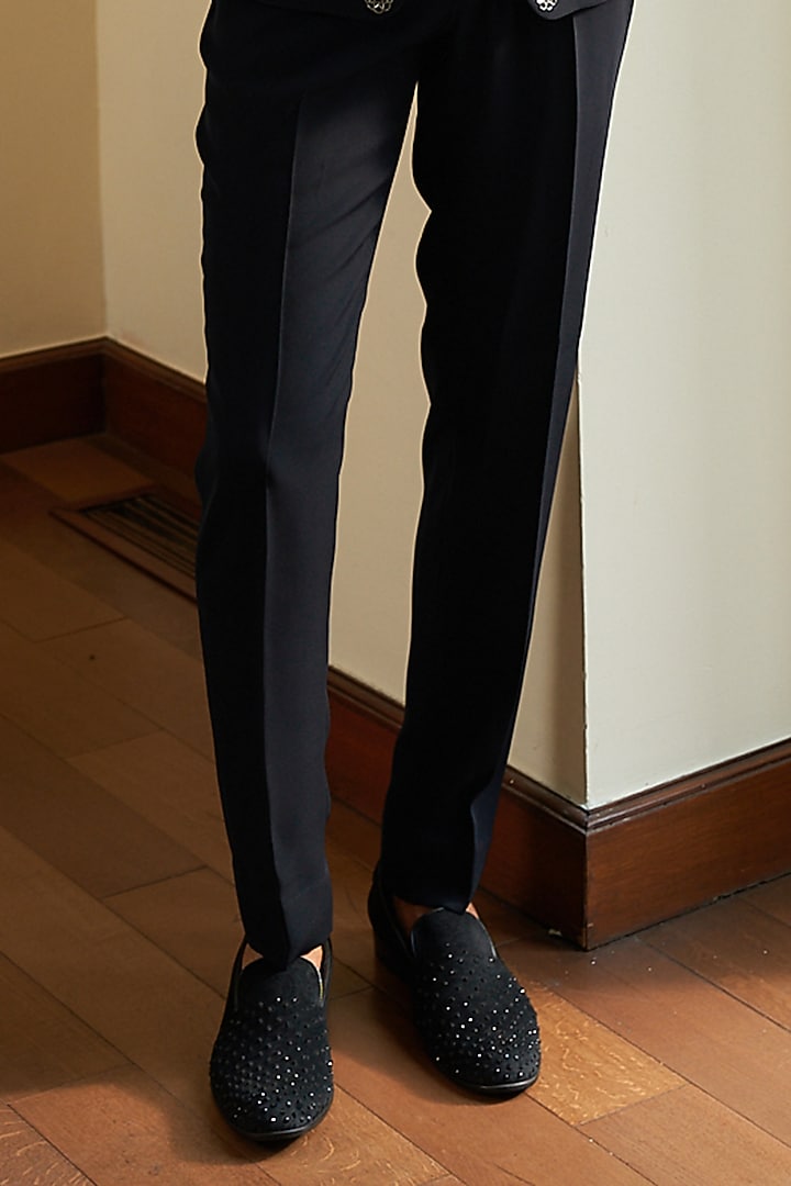 Dark Blue Italian Suiting Embroidered Tuxedo Set by Contrast By Parth at Pernia's Pop Up Shop