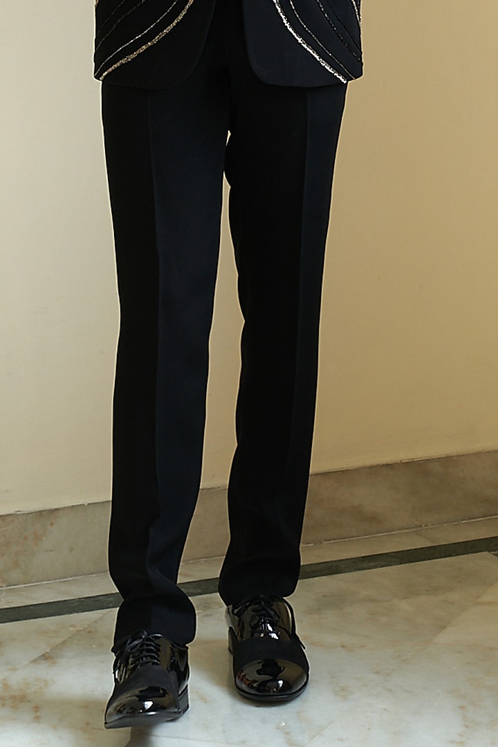 Black Italian Suiting Embroidered Tuxedo Set by Contrast By Parth at Pernia's Pop Up Shop