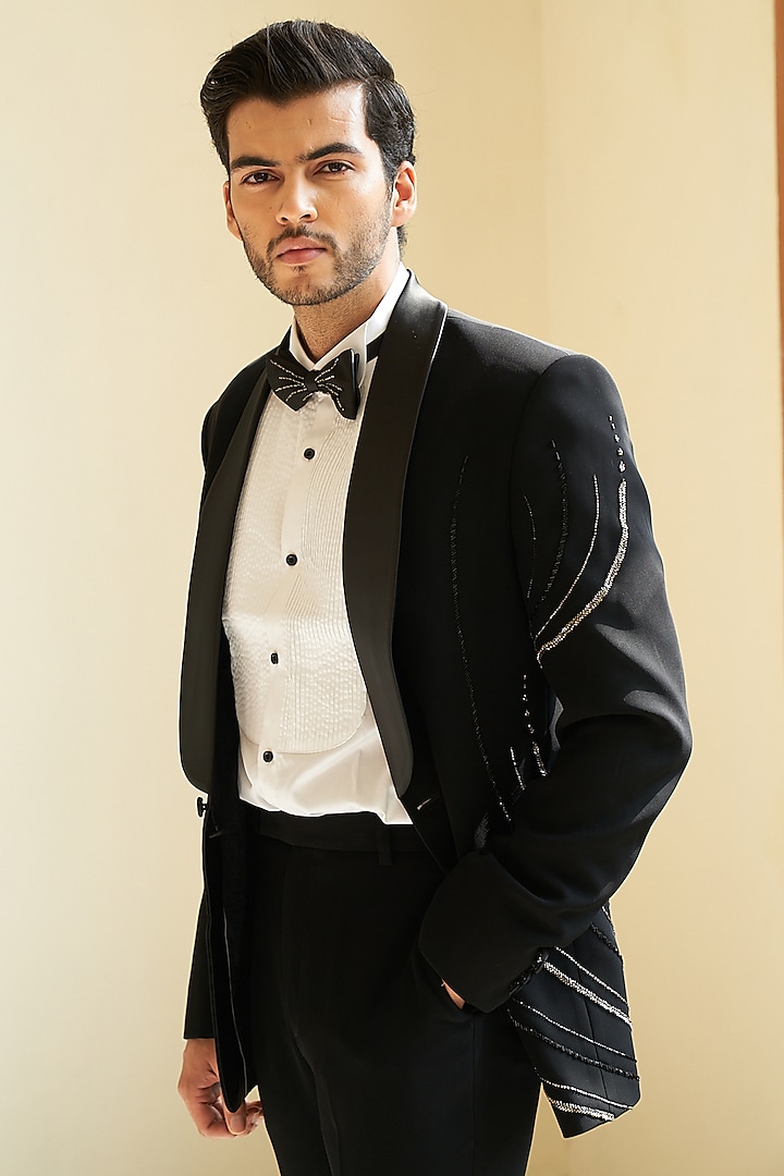 Black Italian Suiting Embroidered Tuxedo Set by Contrast By Parth at Pernia's Pop Up Shop