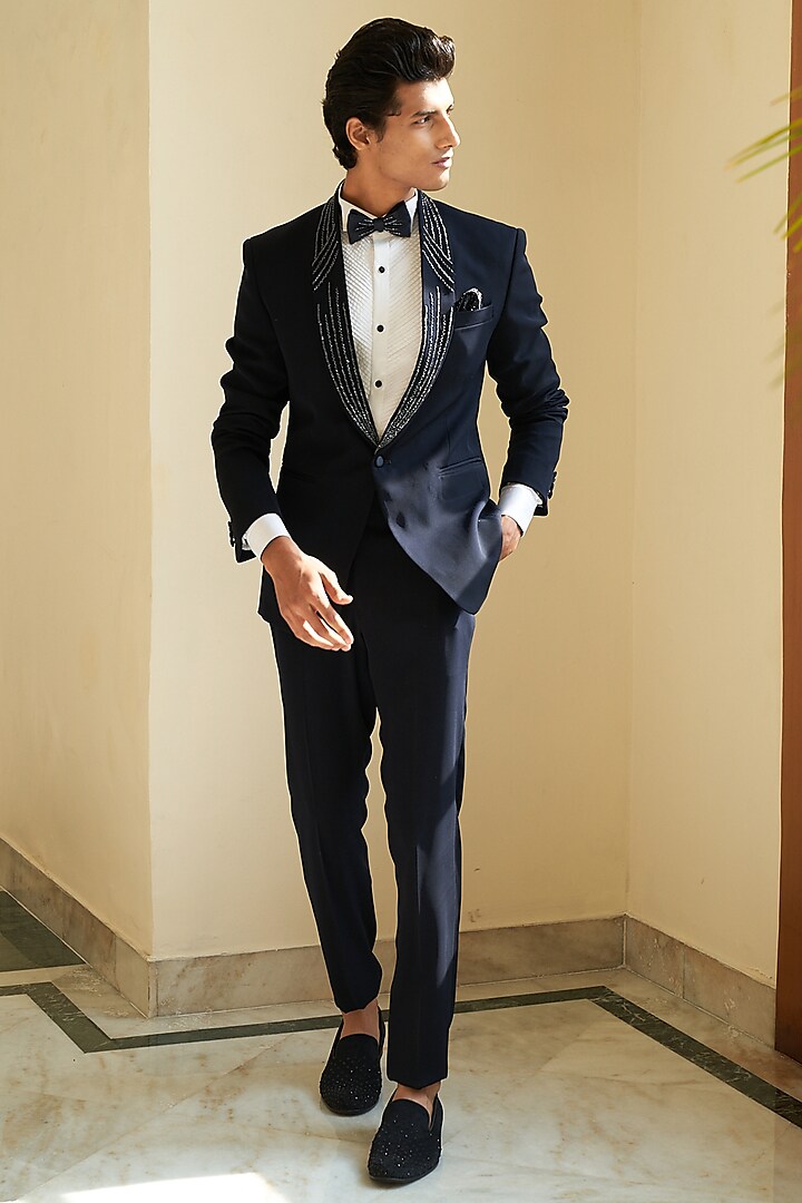 Cord Blue Embroidered Tuxedo Set by Contrast By Parth