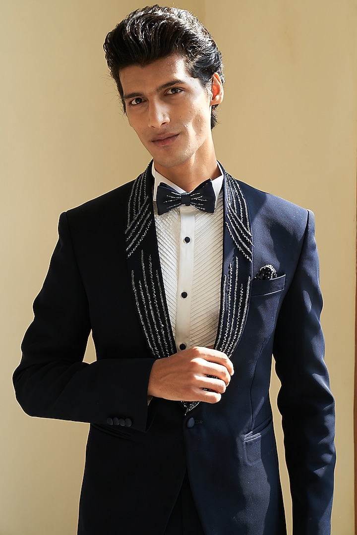 Cord Blue Italian Suiting Embroidered Tuxedo Set by Contrast By Parth at Pernia's Pop Up Shop
