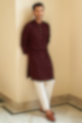Ox Blood Embroidered Kurta Set by Contrast By Parth