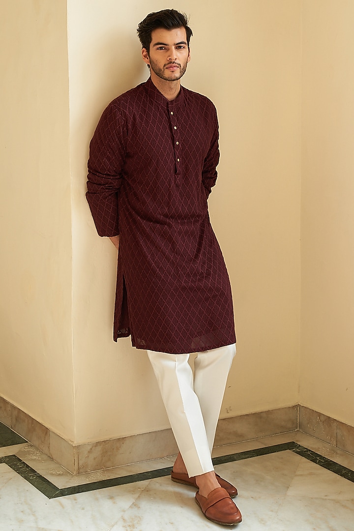 Ox Blood Embroidered Kurta Set by Contrast By Parth
