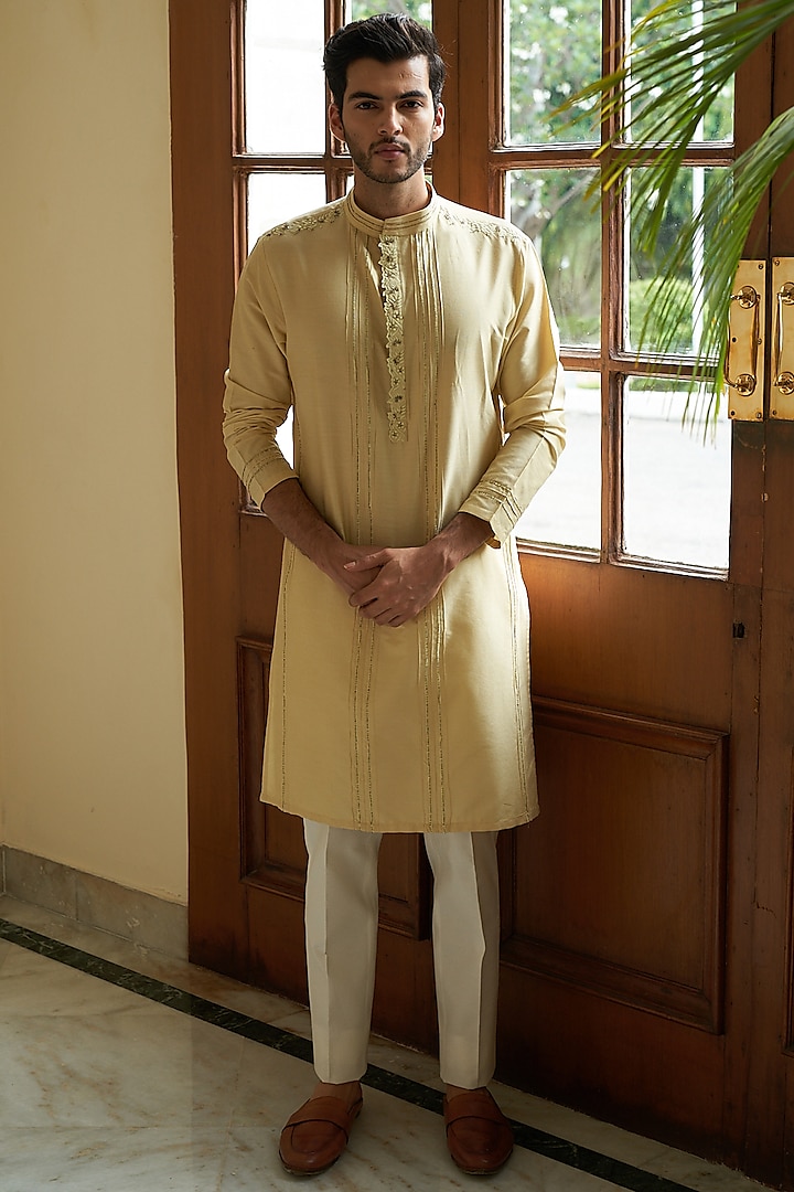 Pale Yellow Embroidered Kurta Set by Contrast By Parth