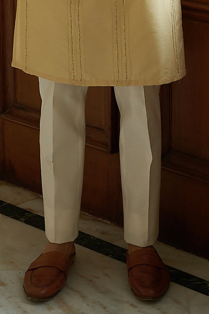 Pale Yellow Cotton Silk Embroidered Kurta Set by Contrast By Parth at Pernia's Pop Up Shop
