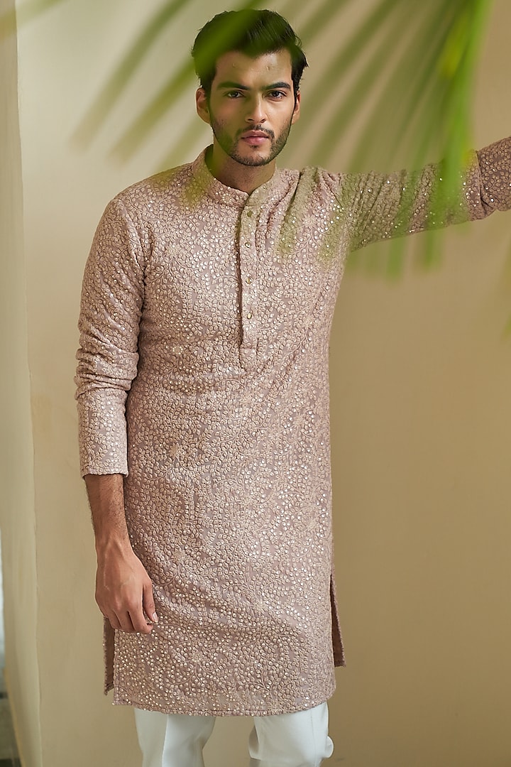 Pale Mauve Embroidered Kurta Set by Contrast By Parth