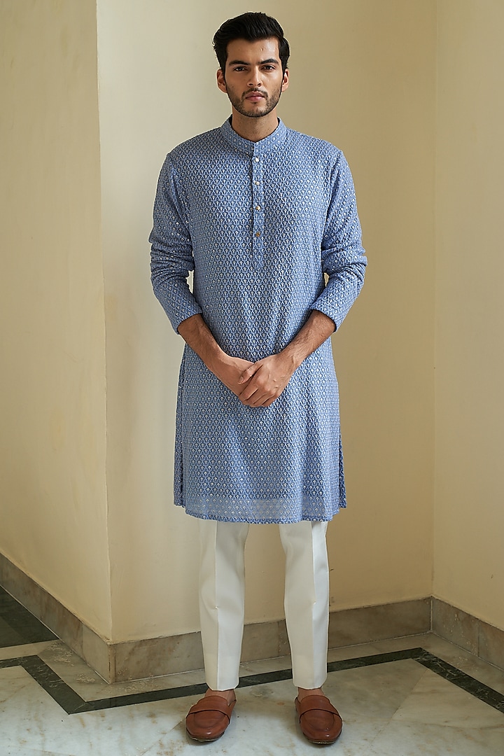Bright Light Blue Embroidered Kurta Set by Contrast By Parth