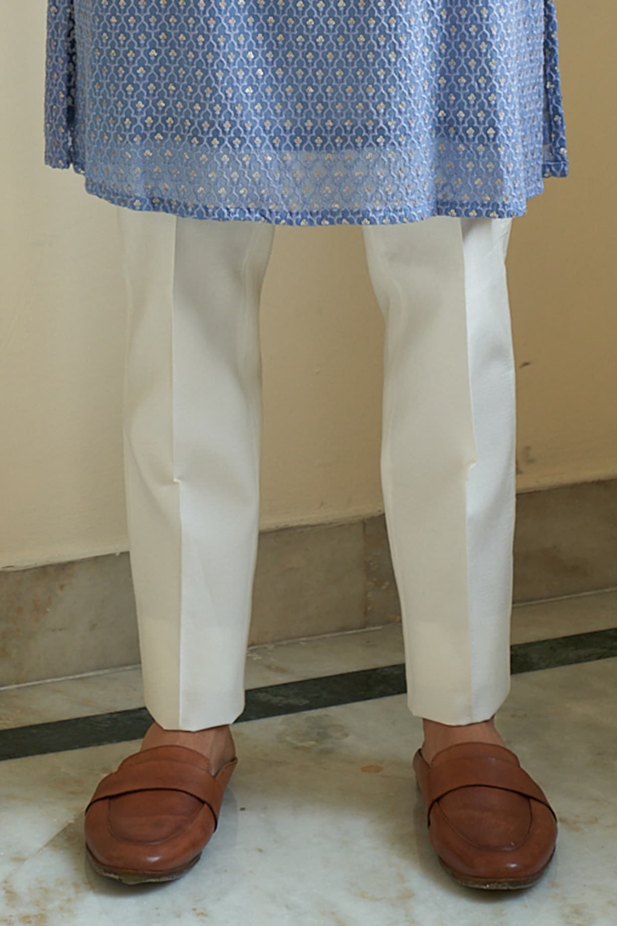 Buy INDYA White Set of Ivory Chanderi Kurta with Cigarette Pants | Shoppers  Stop