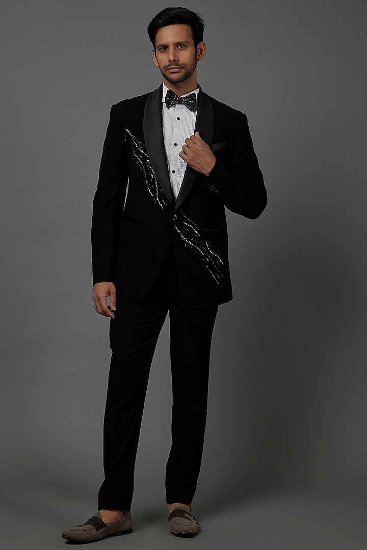 Jet Black Embroidered Tuxedo Set by Contrast By Parth