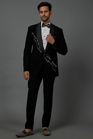 Jet Black Italian Suiting Embroidered Tuxedo Set by Contrast By Parth