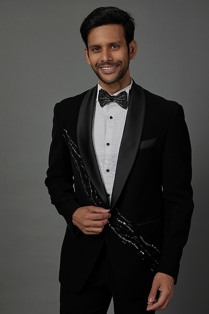 Jet Black Italian Suiting Embroidered Tuxedo Set by Contrast By Parth at Pernia's Pop Up Shop
