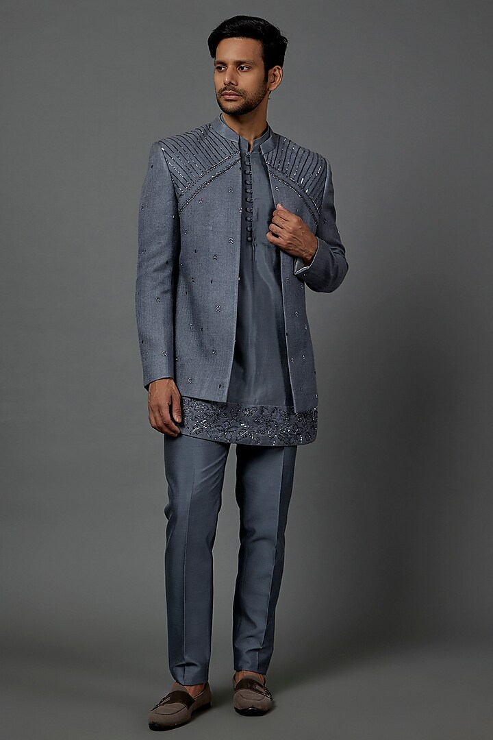 Bluish Grey Matka Silk Indowestern Set by Contrast By Parth