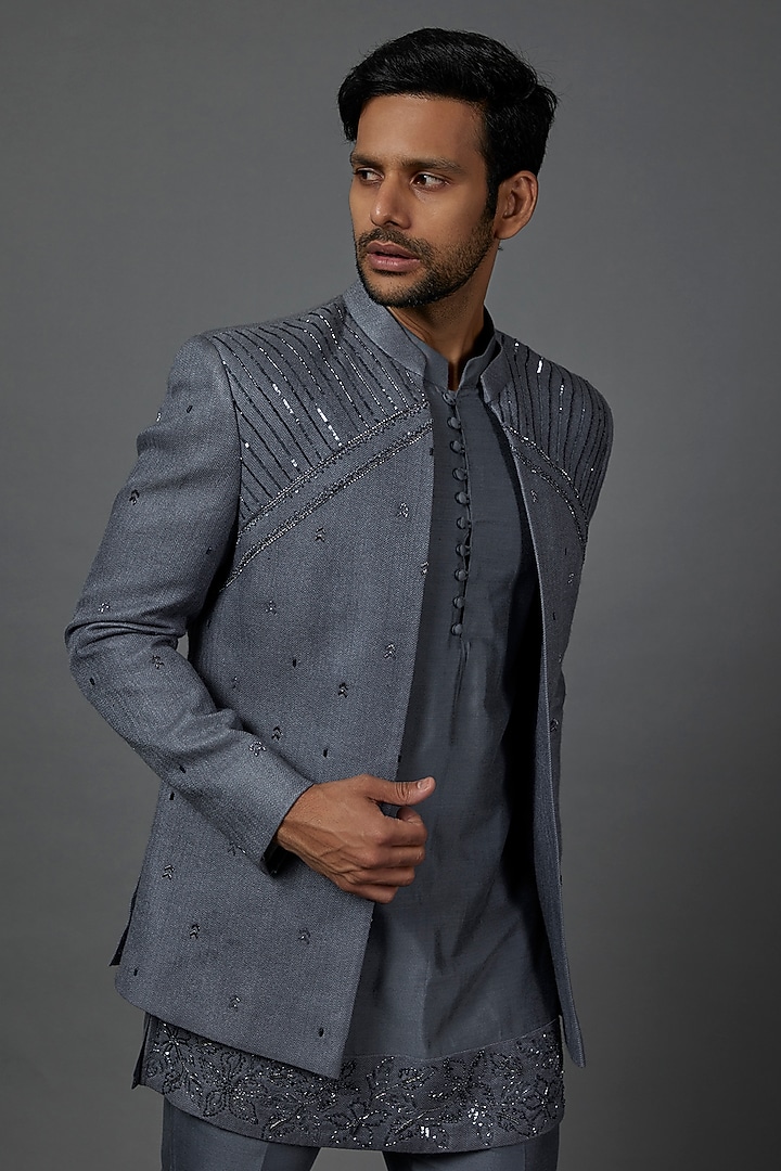 Bluish Grey Matka Silk Wedding Indowestern Set by Contrast By Parth at Pernia's Pop Up Shop