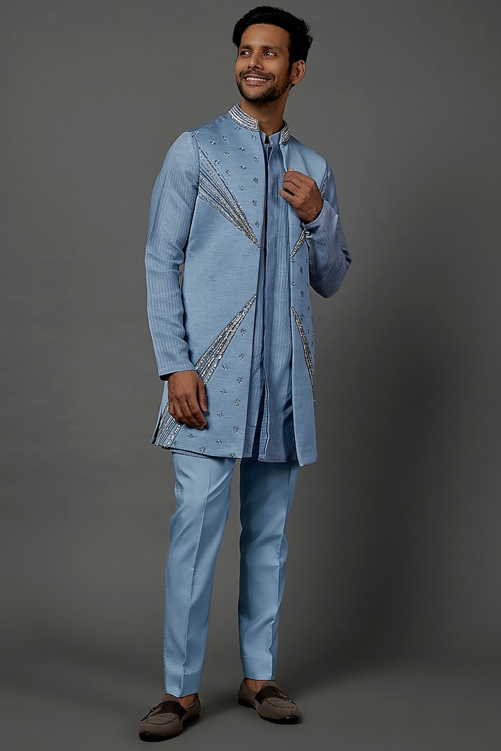 Powder Blue Embellished Indowestern Set by Contrast By Parth